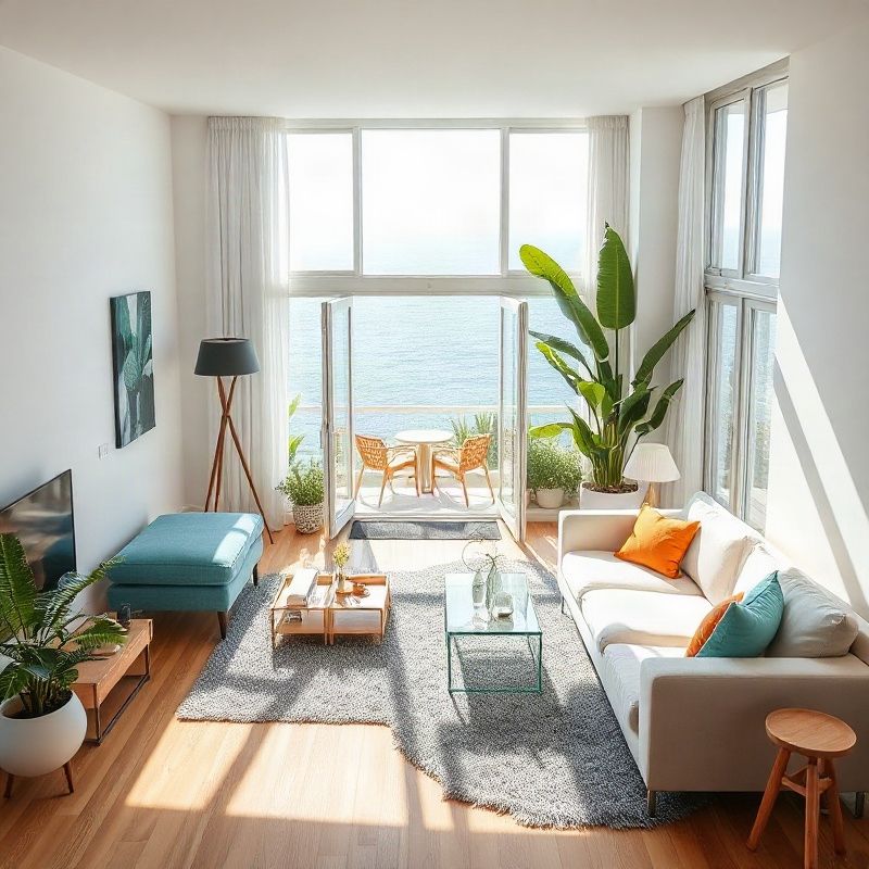 Interior de apartamento moderno em Florianópolis com vista para o mar